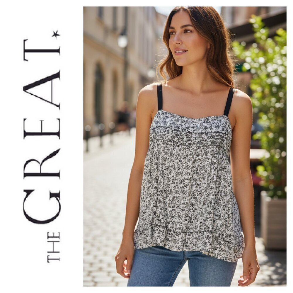 The Great Clothing Women's Sz 3 Black & White Floral Ribbon Tie Tank Top Blouse